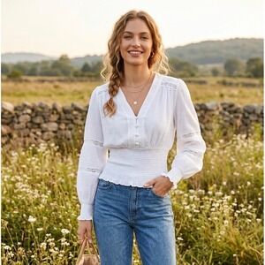 NWT Scarlet Darkness Blouse Womens L White Smocked Lace Peasant Poet Ren Faire